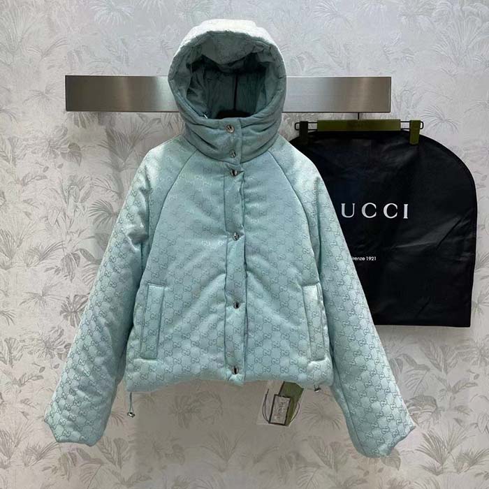 G*u*i men gg canvas hooded bomber jacket pale blue two side pockets padded drawstring hem