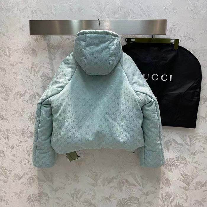 G*u*i men gg canvas hooded bomber jacket pale blue two side pockets padded drawstring hem