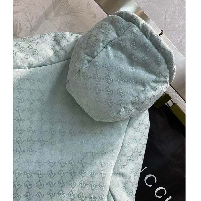 G*u*i men gg canvas hooded bomber jacket pale blue two side pockets padded drawstring hem