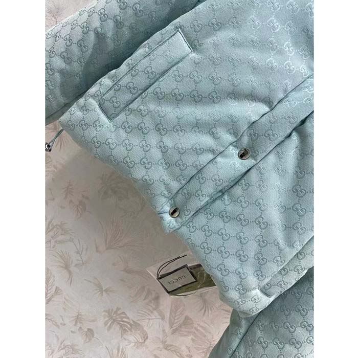 G*u*i men gg canvas hooded bomber jacket pale blue two side pockets padded drawstring hem