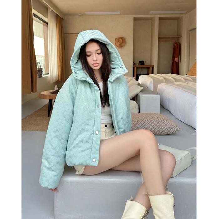 G*u*i women gg canvas hooded bomber jacket pale blue two side pockets padded drawstring hem