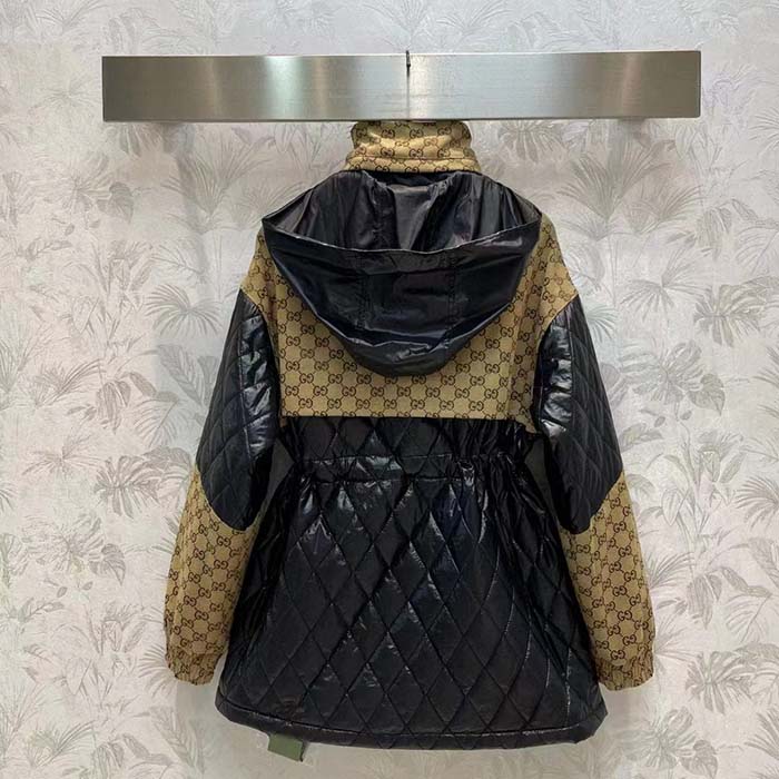 G*u*i women gg canvas nylon zip jacket interlocking g patch high collar drawstring waistband