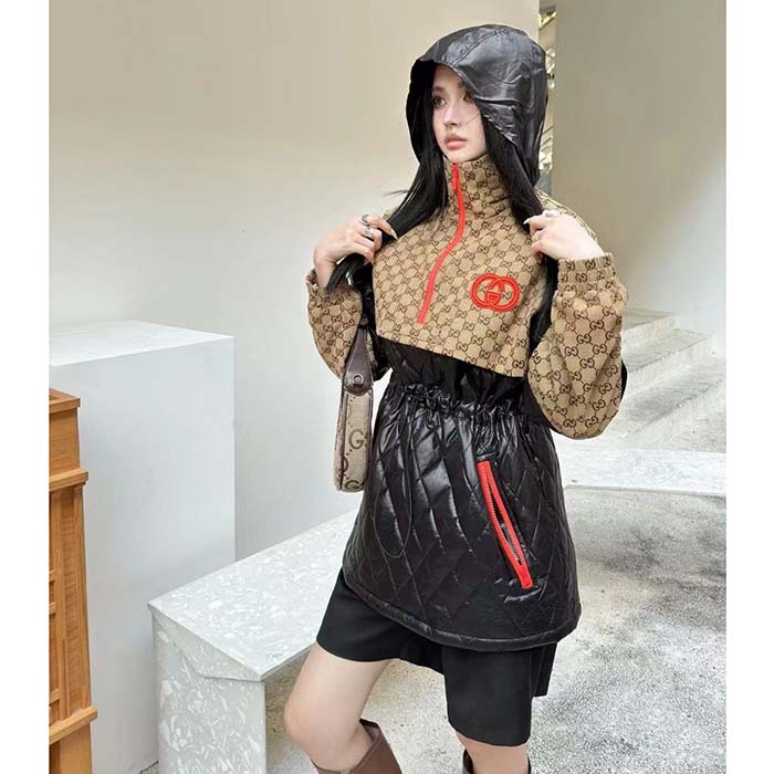 G*u*i women gg canvas nylon zip jacket interlocking g patch high collar drawstring waistband