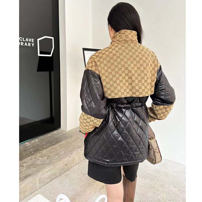 G*u*i women gg canvas nylon zip jacket interlocking g patch high collar drawstring waistband
