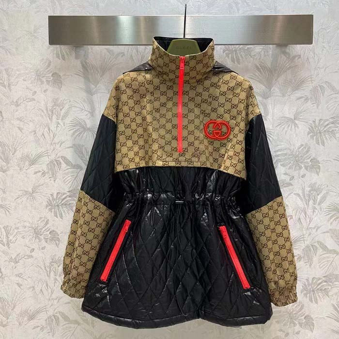 G*u*i women gg canvas nylon zip jacket interlocking g patch high collar drawstring waistband