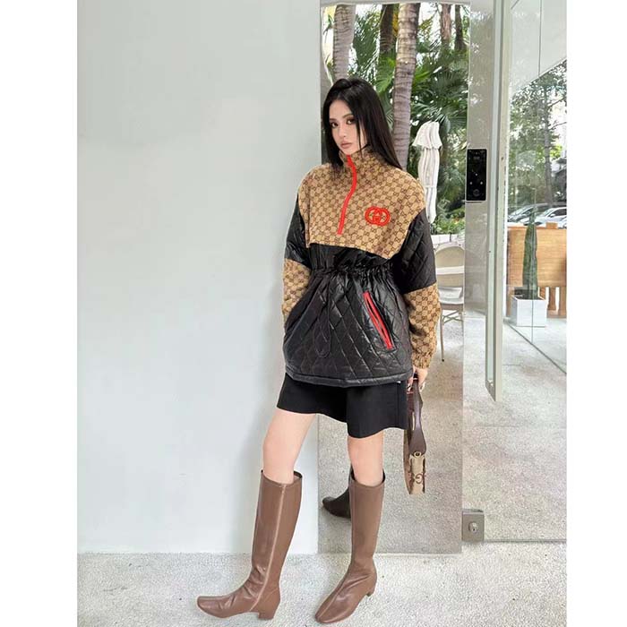 G*u*i women gg canvas nylon zip jacket interlocking g patch high collar drawstring waistband