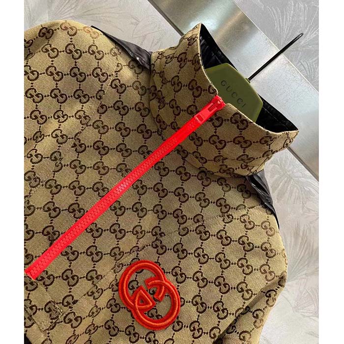 G*u*i women gg canvas nylon zip jacket interlocking g patch high collar drawstring waistband