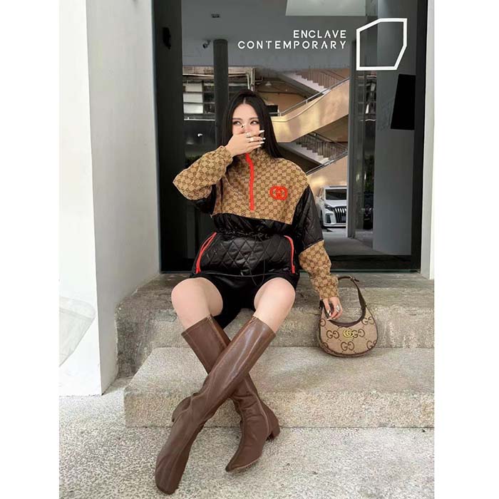 G*u*i women gg canvas nylon zip jacket interlocking g patch high collar drawstring waistband