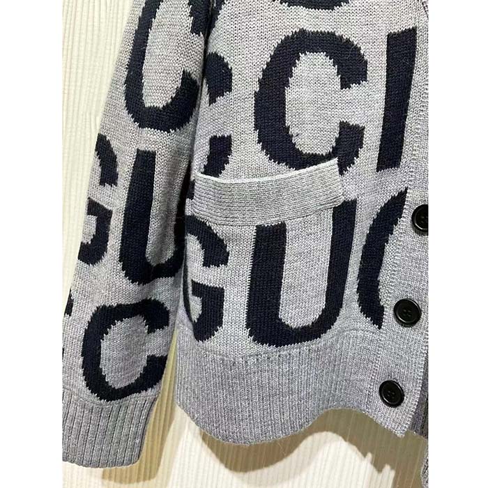 G*u*i men gg cardigan G*u*i intarsia grey wool blue v-neck dropped shoulder long sleeves two pockets
