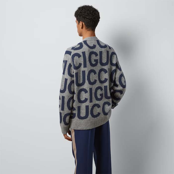 G*u*i men gg cardigan G*u*i intarsia grey wool blue v-neck dropped shoulder long sleeves two pockets
