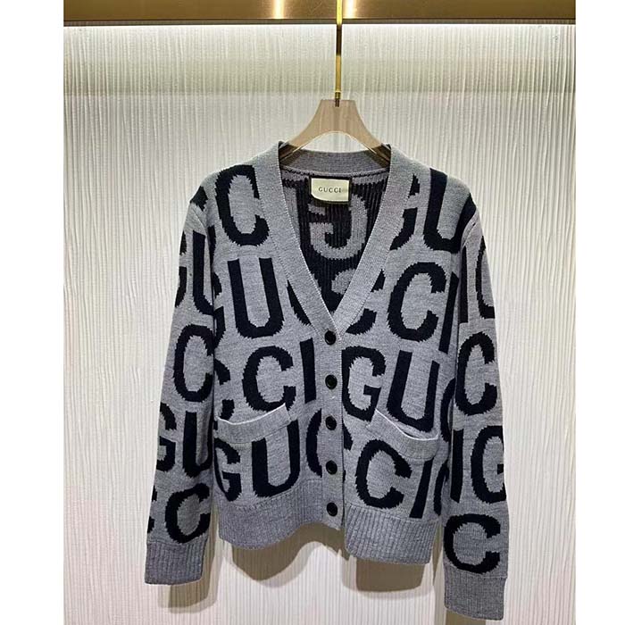 G*u*i men gg cardigan G*u*i intarsia grey wool blue v-neck dropped shoulder long sleeves two pockets