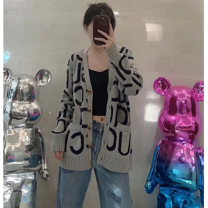 G*u*i women gg cardigan G*u*i intarsia grey wool blue v-neck dropped shoulder long sleeves two pockets