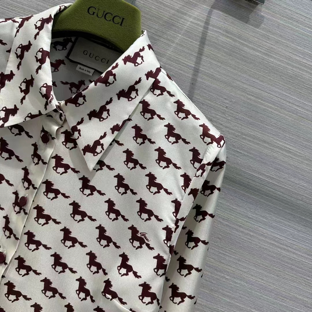 G*u*i women gg diagonal horses print silk shirt point collar long sleeves