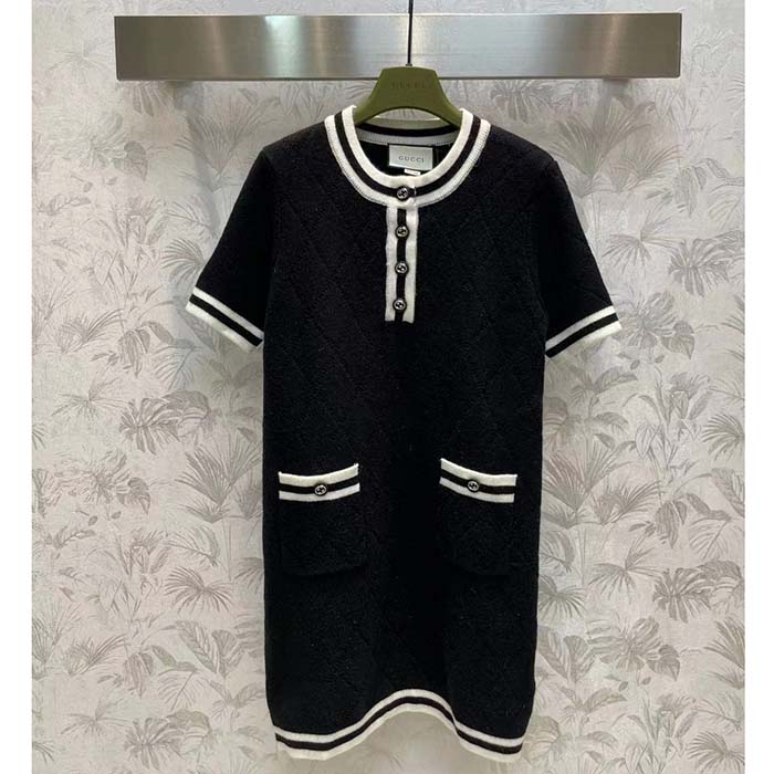 G*u*i women gg extra fine wool piquet dress crewneck short sleeves two front pockets