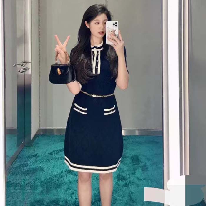 G*u*i women gg extra fine wool piquet dress crewneck short sleeves two front pockets