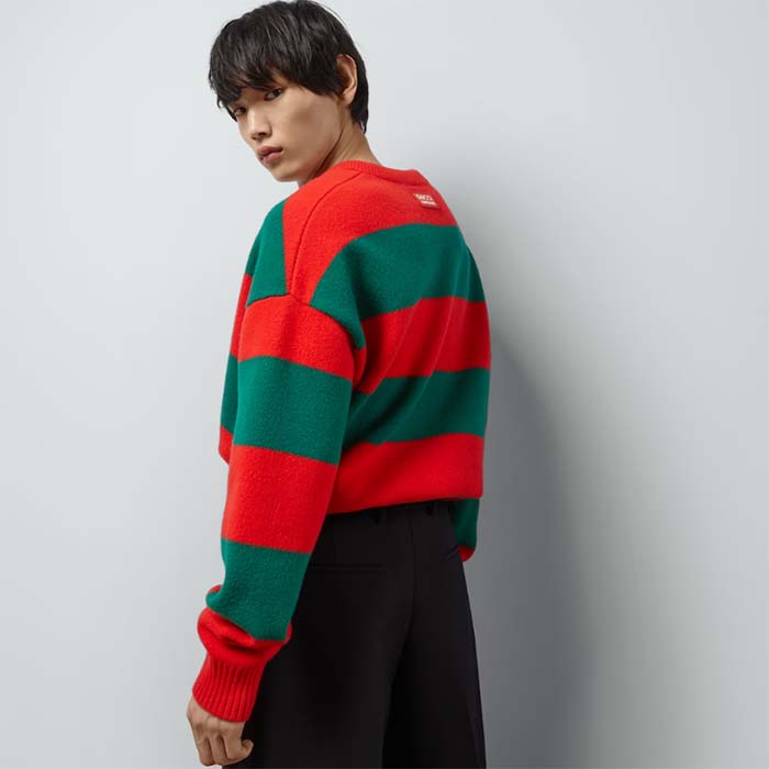 G*u*i men gg felted wool striped sweater v-neck dropped shoulder long sleeves