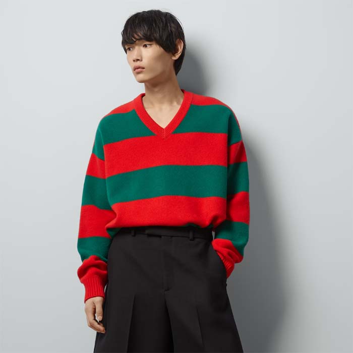 G*u*i men gg felted wool striped sweater v-neck dropped shoulder long sleeves
