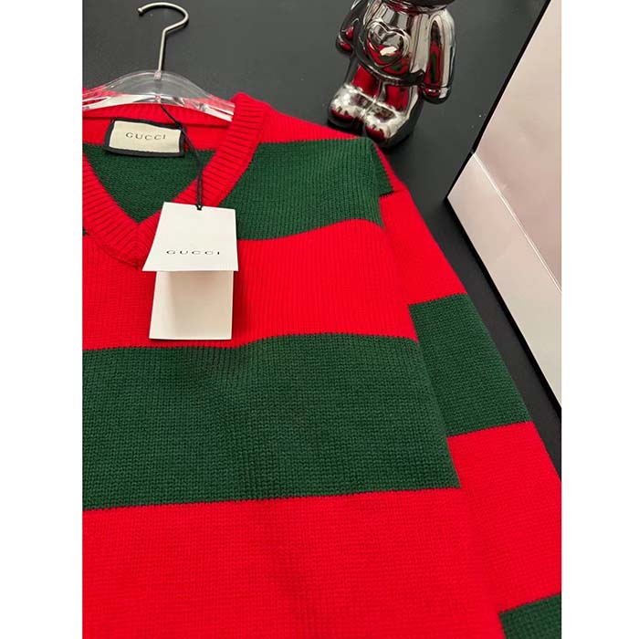 G*u*i men gg felted wool striped sweater v-neck dropped shoulder long sleeves