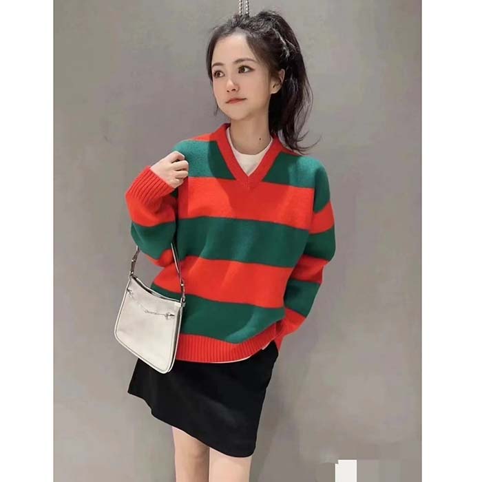 G*u*i women gg felted wool striped sweater v-neck dropped shoulder long sleeves