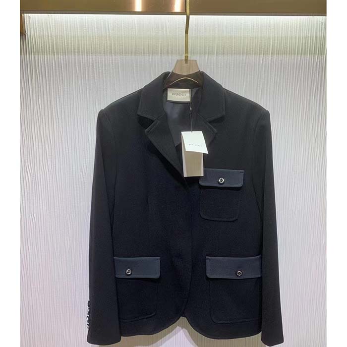 G*u*i women gg fine wool crêpe jacket black satin unlined notch lapel three front pockets