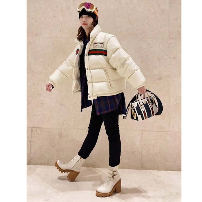 G*u*i women gg padded nylon bomber jacket web white goose down detachable sleeves high neck