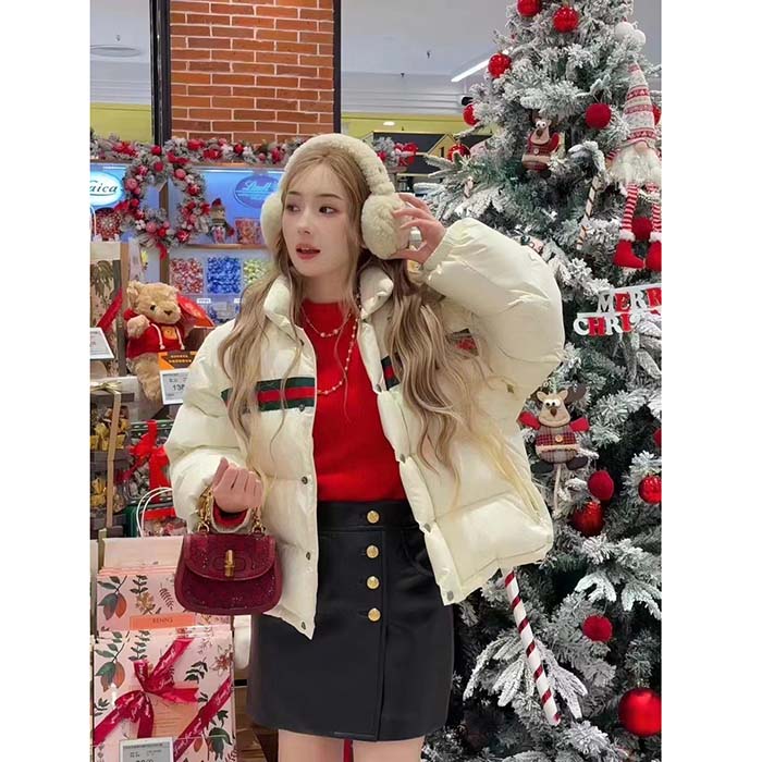 G*u*i women gg padded nylon bomber jacket web white goose down detachable sleeves high neck