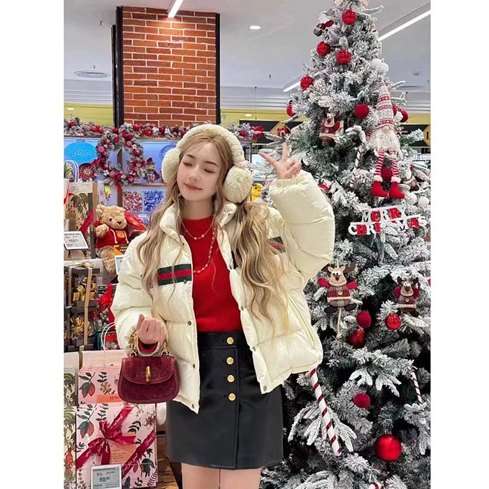 G*u*i women gg padded nylon bomber jacket web white goose down detachable sleeves high neck