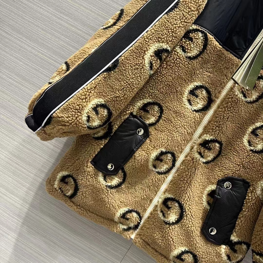 G*u*i women gg wool fleece jacquard zip jacket lined high neck dropped shoulder nylon inserts