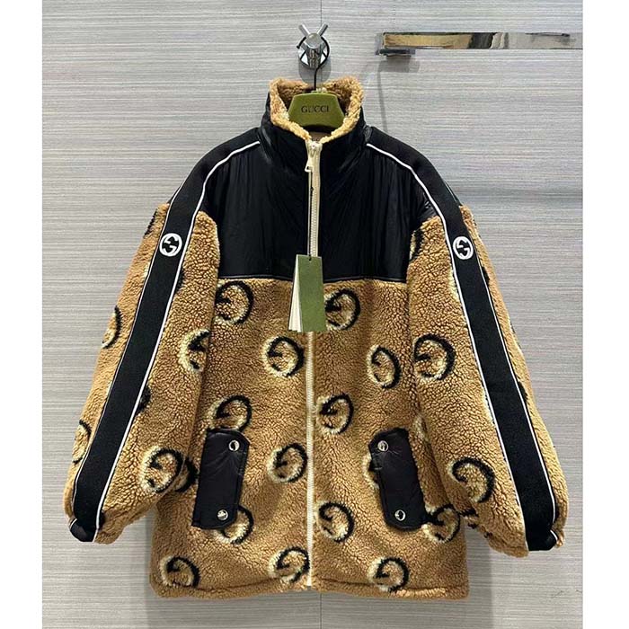 G*u*i women gg wool fleece jacquard zip jacket lined high neck dropped shoulder nylon inserts