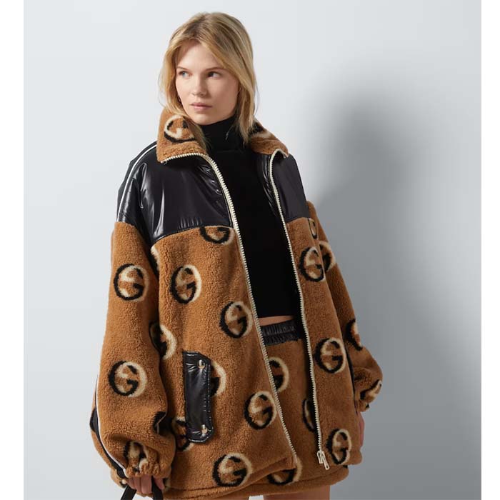 G*u*i women gg wool fleece jacquard zip jacket lined high neck dropped shoulder nylon inserts