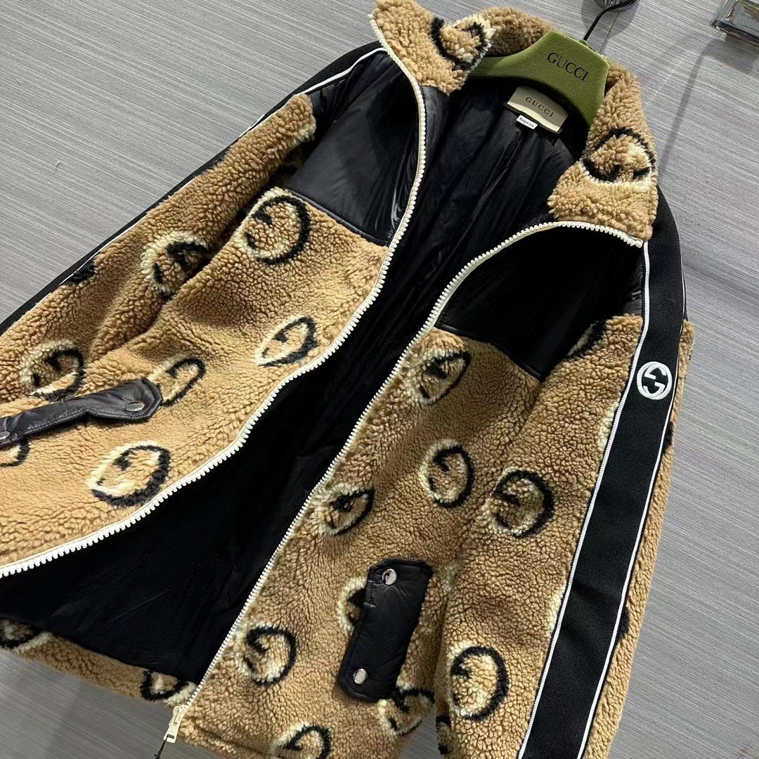 G*u*i men gg wool fleece jacquard zip jacket lined high neck dropped shoulder nylon inserts