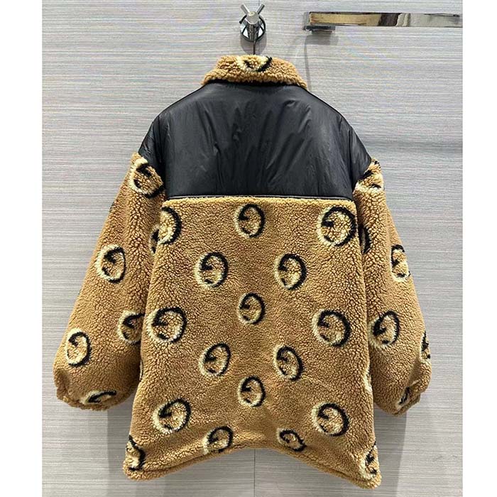 G*u*i women gg wool fleece jacquard zip jacket lined high neck dropped shoulder nylon inserts