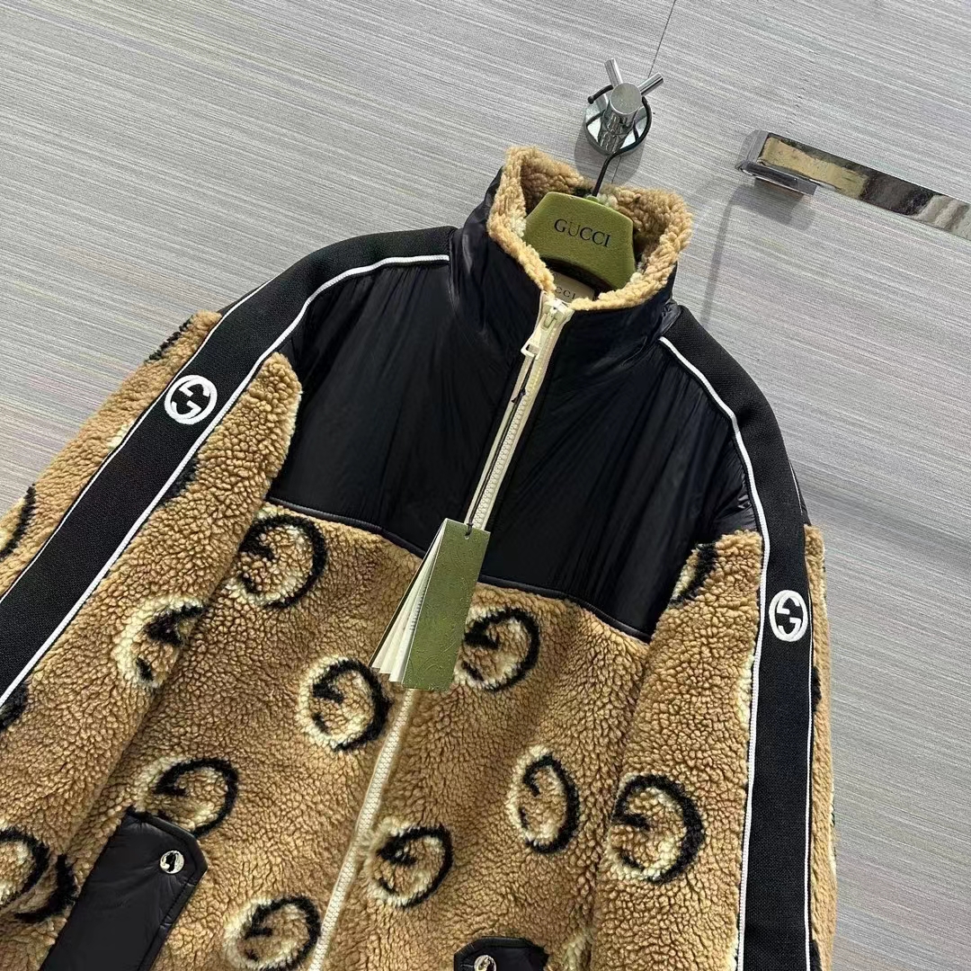 G*u*i women gg wool fleece jacquard zip jacket lined high neck dropped shoulder nylon inserts
