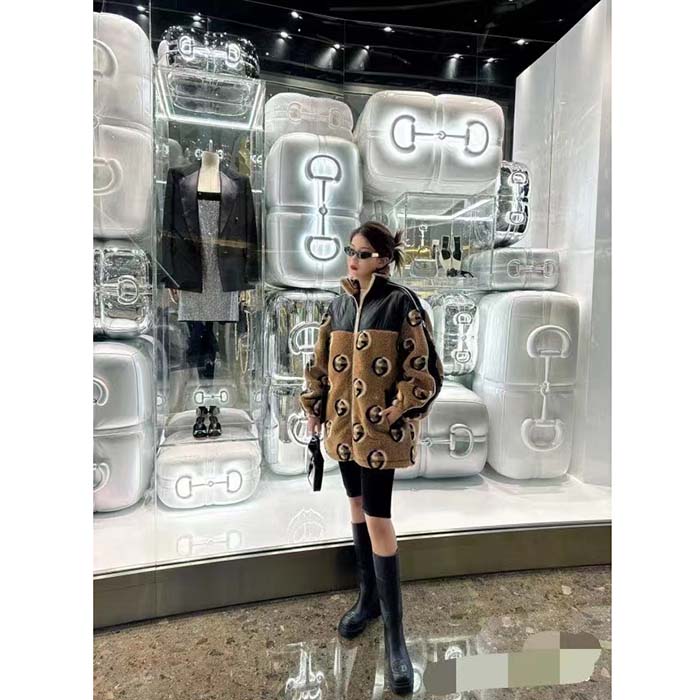 G*u*i women gg wool fleece jacquard zip jacket lined high neck dropped shoulder nylon inserts