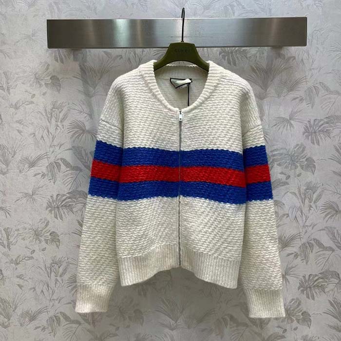 G*u*i women gg wool mohair cardigan web knitted collar dropped shoulder long sleeves
