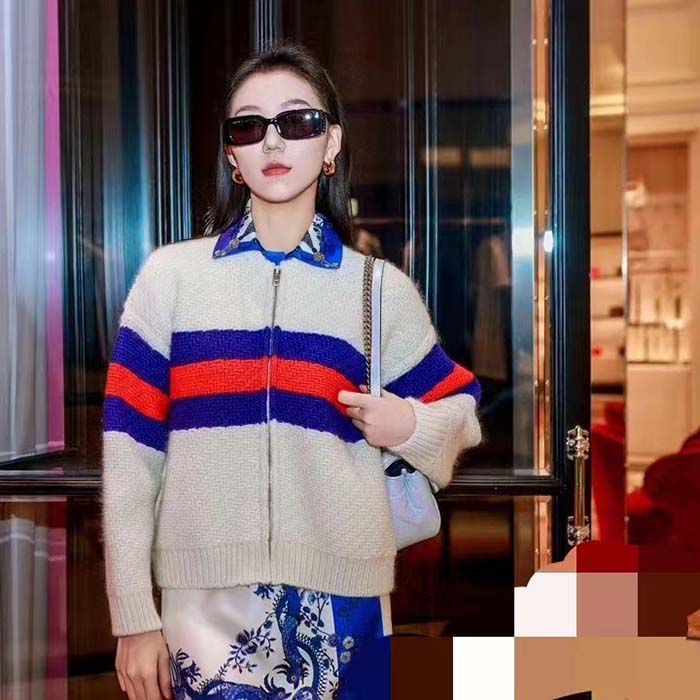 G*u*i women gg wool mohair cardigan web knitted collar dropped shoulder long sleeves