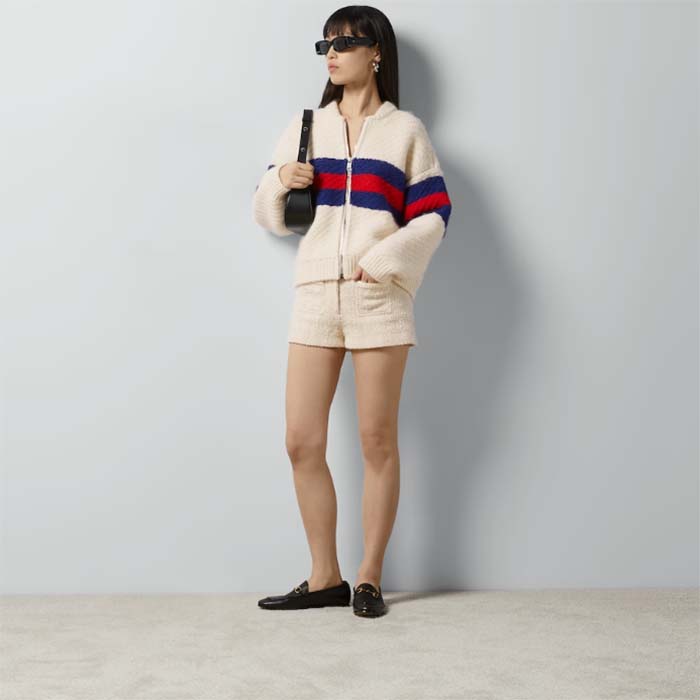 G*u*i women gg wool mohair cardigan web knitted collar dropped shoulder long sleeves
