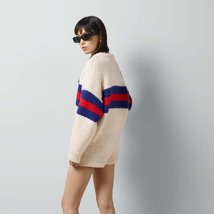 G*u*i women gg wool mohair cardigan web knitted collar dropped shoulder long sleeves