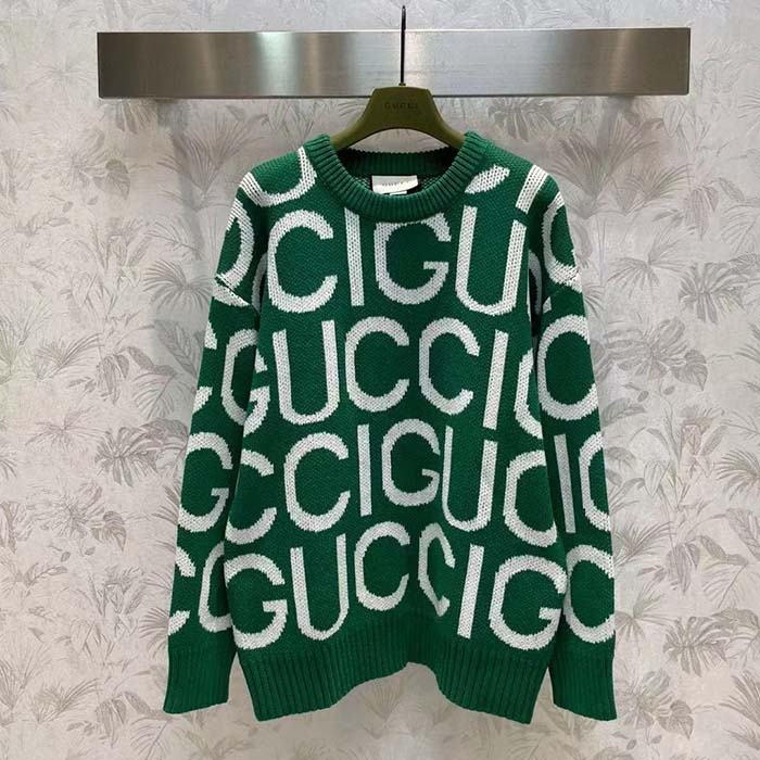 G*u*i men gg wool sweater G*u*i intarsia green crewneck dropped shoulder