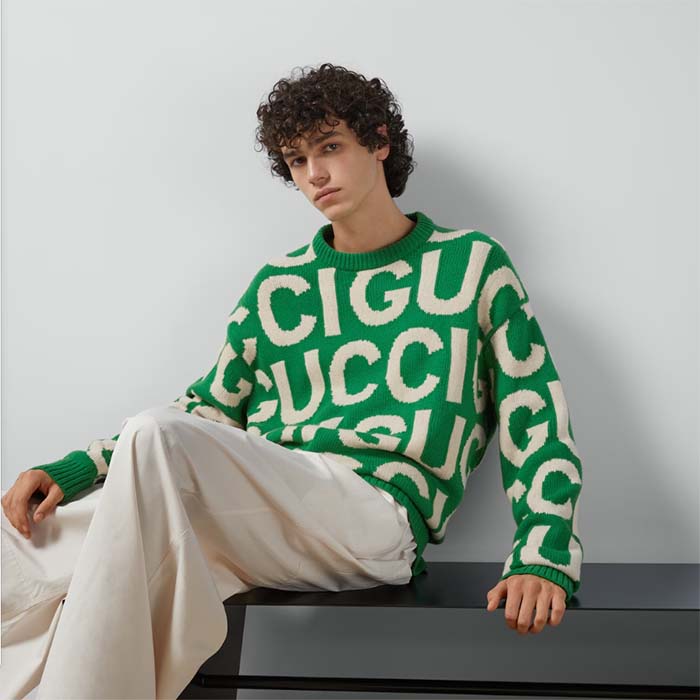 G*u*i men gg wool sweater G*u*i intarsia green crewneck dropped shoulder