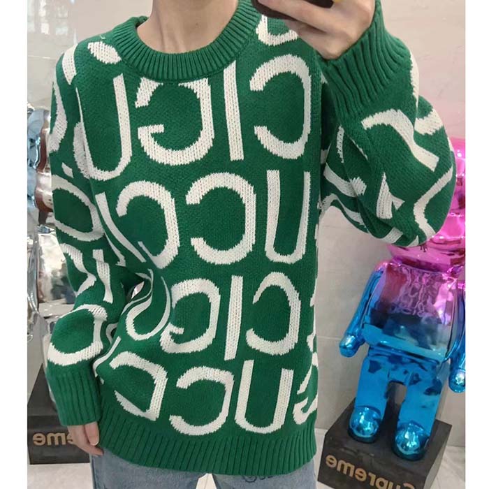 G*u*i women gg wool sweater G*u*i intarsia green crewneck dropped shoulder