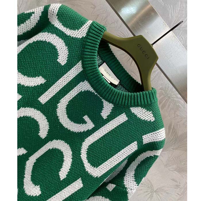 G*u*i men gg wool sweater G*u*i intarsia green crewneck dropped shoulder