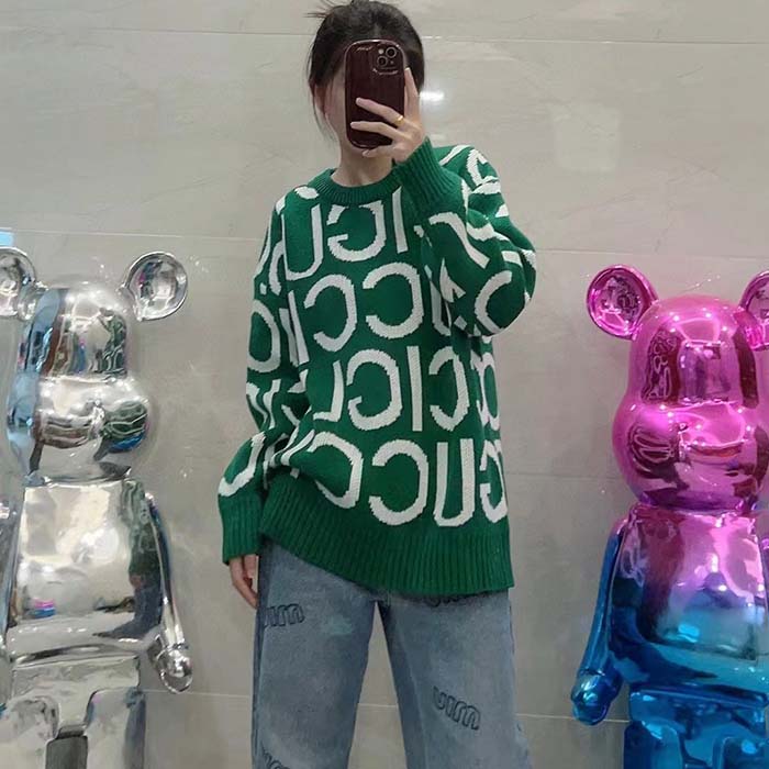 G*u*i women gg wool sweater G*u*i intarsia green crewneck dropped shoulder