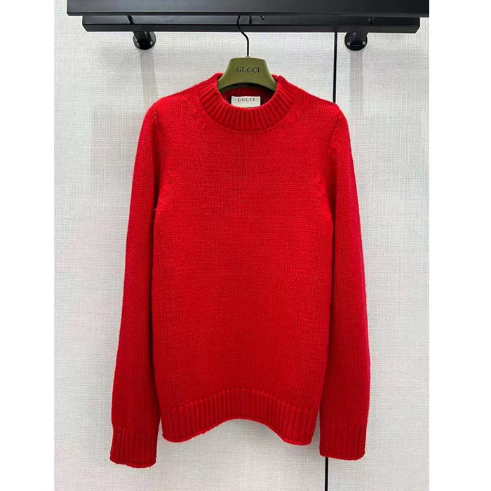 G*u*i women gg wool top G*u*i intarsia red crewneck dropped shoulder long sleeves