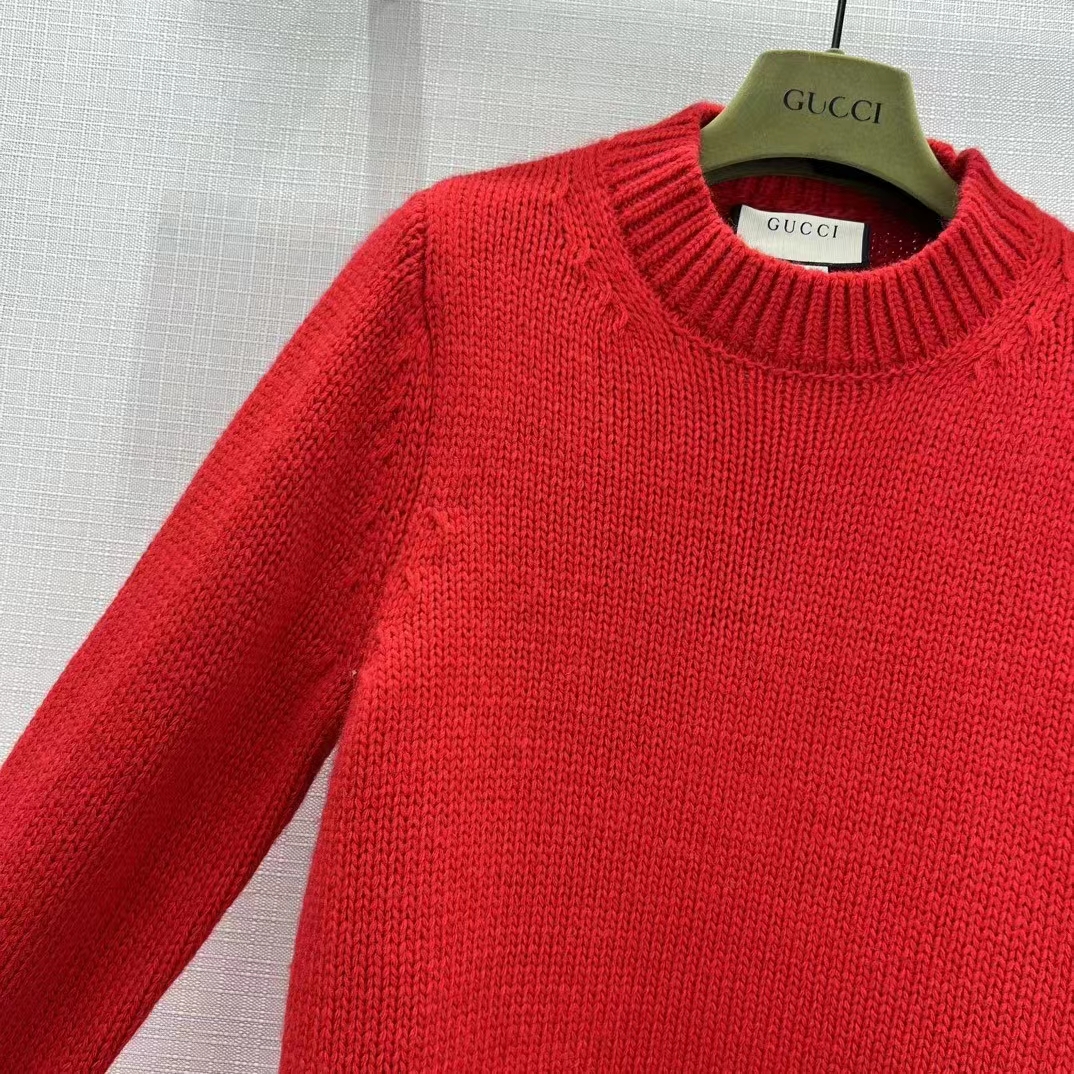 G*u*i women gg wool top G*u*i intarsia red crewneck dropped shoulder long sleeves