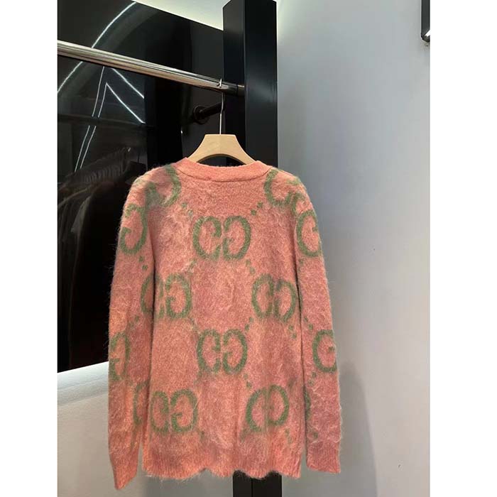 G*u*i women reversible gg mohair cardigan light green pink brushed jacquard wool v-neck