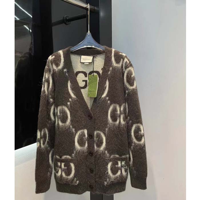 G*u*i women reversible gg mohair wool cardigan brushed gg jacquard blend v-neck front pockets