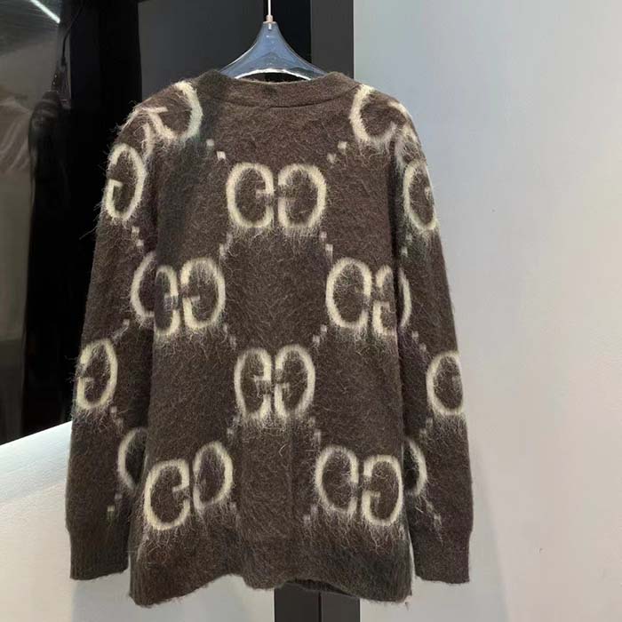 G*u*i women reversible gg mohair wool cardigan brushed gg jacquard blend v-neck front pockets