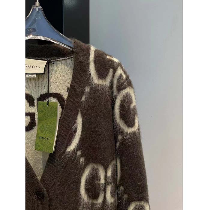 G*u*i women reversible gg mohair wool cardigan brushed gg jacquard blend v-neck front pockets