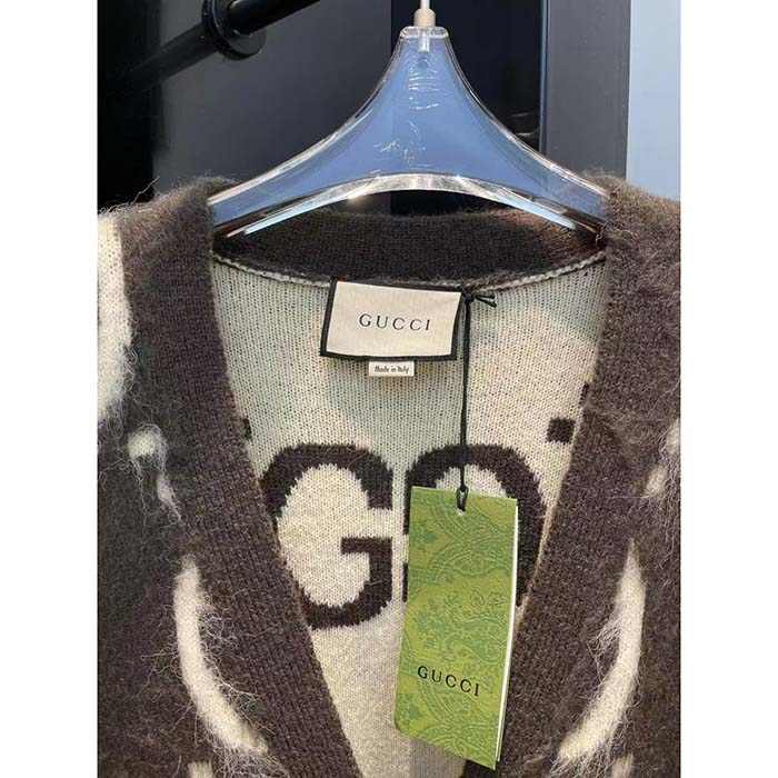 G*u*i women reversible gg mohair wool cardigan brushed gg jacquard blend v-neck front pockets